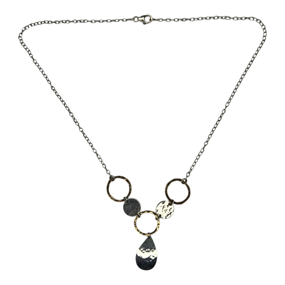 Vintage Hammered Mixed Metal Bib Necklace 18in Sterling Silver Boho‎